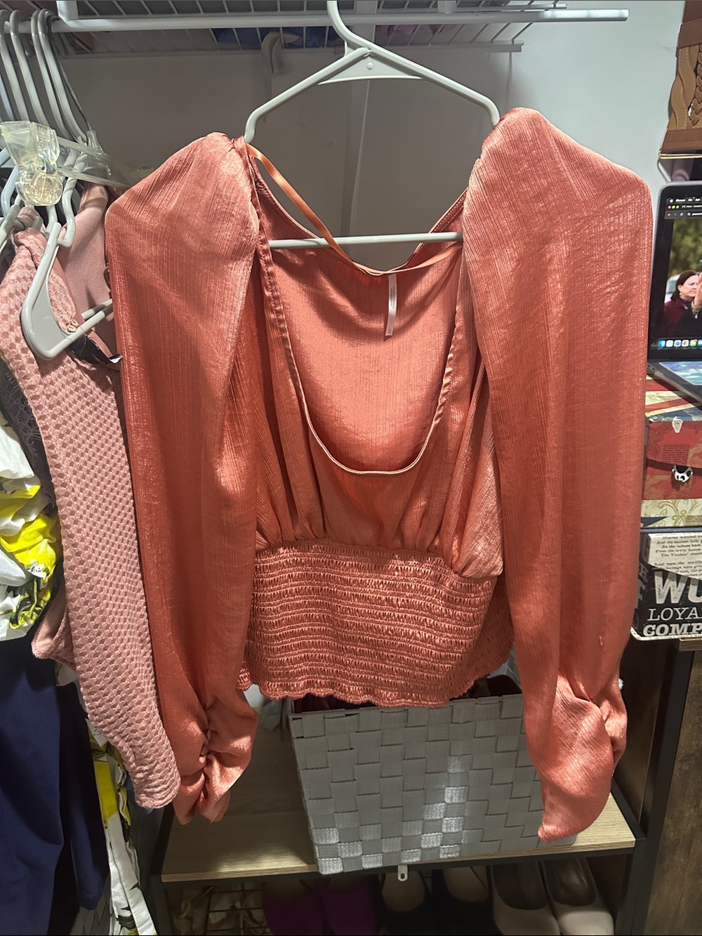 Free People L Women's Satin-Look Rust Orange Smocked Waist Blouse